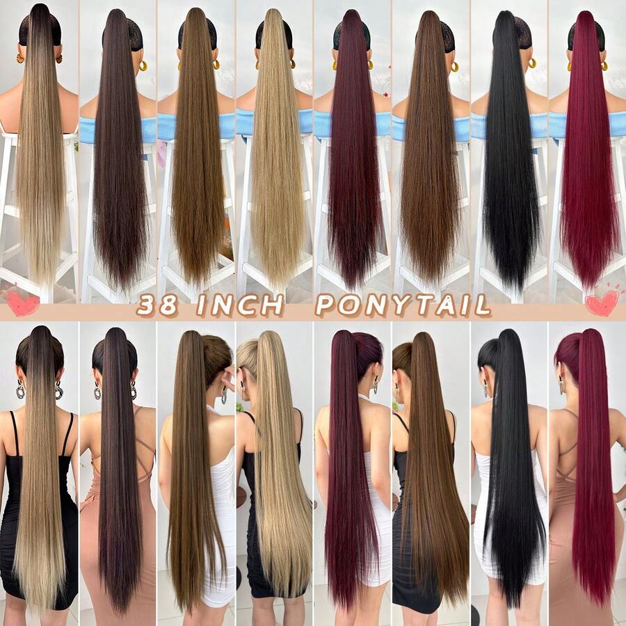 HEYPINK Claw Shaped Ponytail Extension Hair Accessory Brown Gold Burgundy Gradient Brown 38 Inch Long Wave Heat-Resistant Fiber Synthetic Ponytail Wig, Suitable For Women's Parties And Daily Use, Halloween