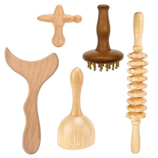 5件組木製身體塑形按摩工具，淋巴排毒按摩套組，Maderoterapia木療套裝，木製按摩滾輪，抗橘皮纖維按摩工具，身體塑形工具組