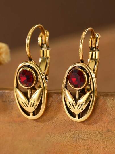 1 Pair Bohemian Vintage Style Pendant Earrings, Oval Floral Leaf Dangle Earrings, Elegant Plant Theme Women's Earrings, Vintage Jewelry With Red Rhinestone Accents, Suitable For Daily Wear And Party Gifts