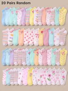 5/10/20 Pairs Random Style Halloween Bowknot Floral Striped Heart Pattern Girls Short Socks, Back To School Season Children Socks, Soft Elastic Breathable School Socks - Multicolor - View 10
