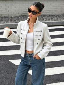 DEEKA Autumn New Women's European And American Style Fashion Minimalist Versatile Button & Zipper Sweatshirt Jacket Coat - Light Grey - View 1