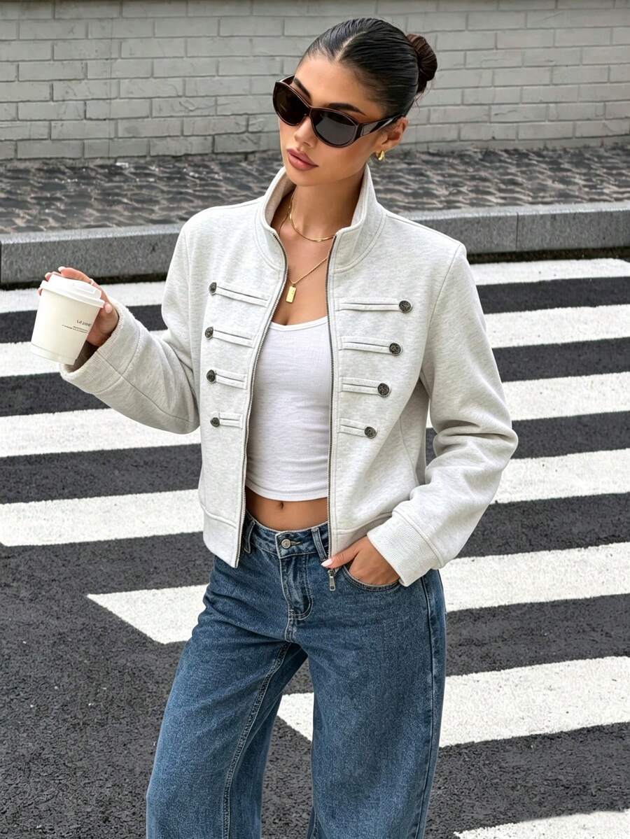 DEEKA Autumn New Women's European And American Style Fashion Minimalist Versatile Button & Zipper Sweatshirt Jacket Coat - Light Grey - View 1