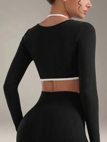 VVX Women 2 In 1 Long Sleeve Gym Crop Top, Contrast Color Halter Neck Slim Fit Yoga Sports Workout Activewear Seamless Shirts - Black - View 5
