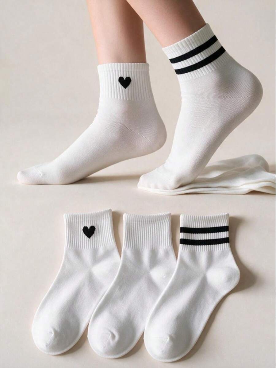 3pairs Sporty Heart Patterned Over Knee Socks - Black and White - View 1