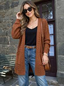 CILKOO Autumn/Winter Casual Solid Color Double Pocket Open Front Jacket - Brown - View 2