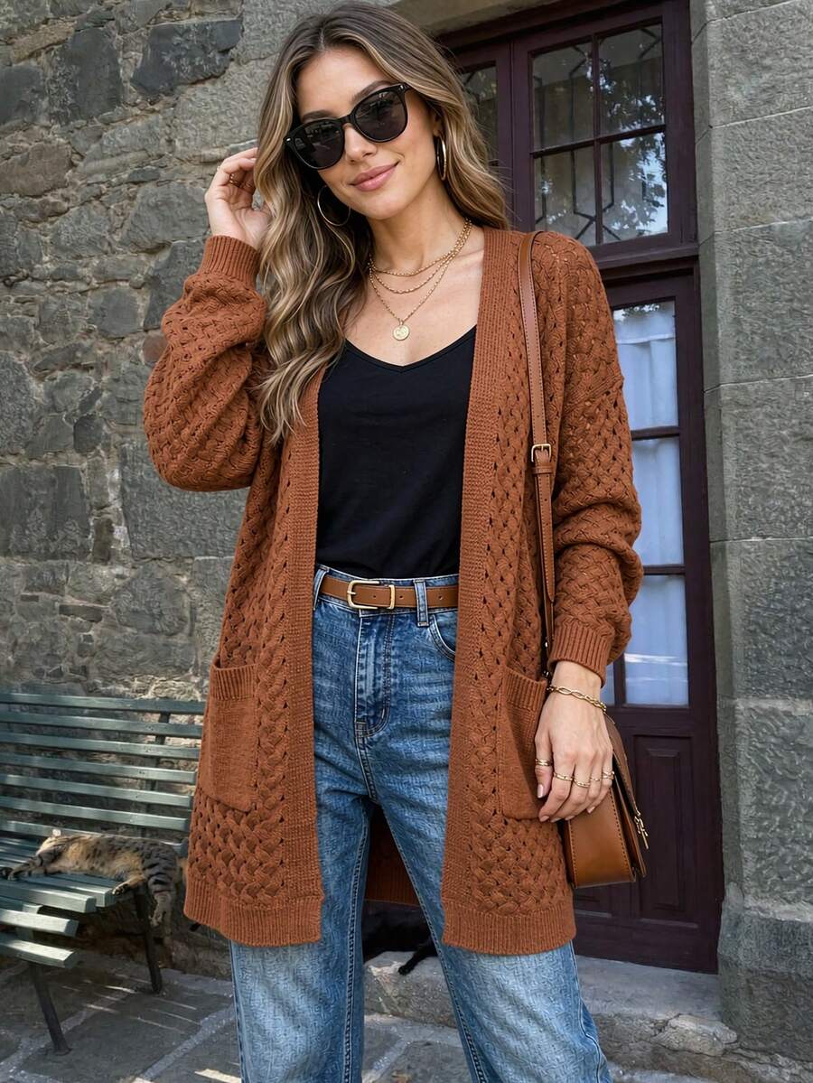 CILKOO Autumn/Winter Casual Solid Color Double Pocket Open Front Jacket