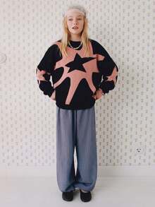 Girls Star Graphic Crew Neck Knit Pullover Sweater Fall Winter Casual Jumpe - Black - View 2