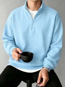 男士立領半拉鍊休閒百搭通勤秋冬長袖運動衫 - 淺藍色 - 查看 1