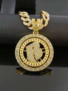 Rotating B Letter Round Pendant Full Rhinestone Cuban Necklace, European And American Hip-Hop Style Men's Accessory, Nightclub Rap Street Fashion Personalized Gift Jewelry - Rotatable Letter B - View 4