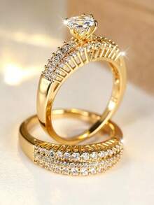 2pcs/Set Fashion Stackable Rings, Minimalist Luxury Cubic Zirconia Couple Rings, Versatile For Engagement, Wedding, Party And Daily Wear - Perfect Birthday, Anniversary Or Jewellery,Accessories - Gold - View 1
