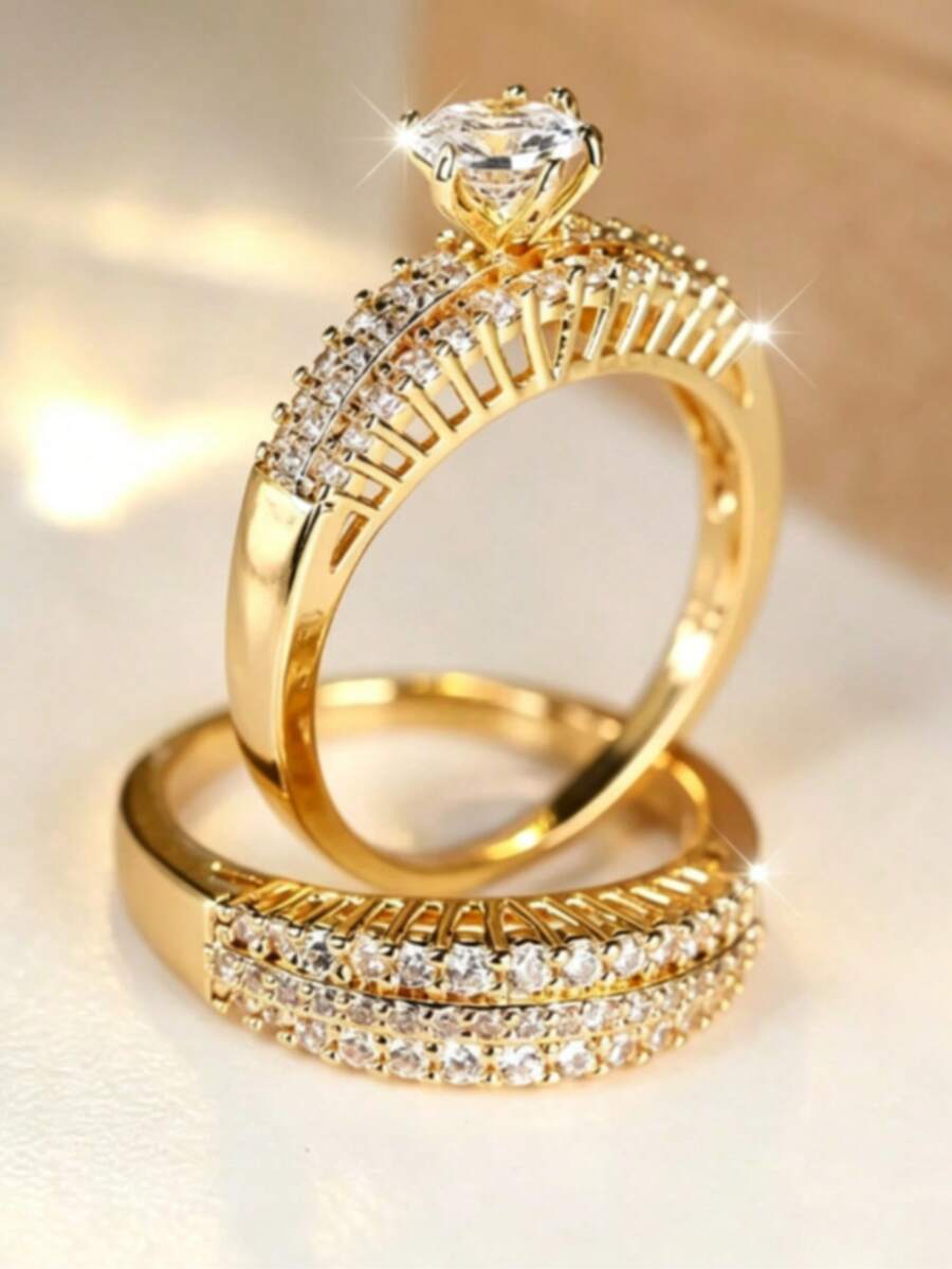 2pcs/Set Fashion Stackable Rings, Minimalist Luxury Cubic Zirconia Couple Rings, Versatile For Engagement, Wedding, Party And Daily Wear - Perfect Birthday, Anniversary Or Jewellery,Accessories - Gold - View 1