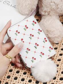 Fashionable Cherry Print Simple Portable Coin Wallet Zipper, With A Pom-Pom Charm, Multi Purpose Women's Wallet Card Bag - White - View 2