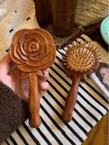 1pc Vintage Wooden Comb With 3D Carved Design + Handheld Makeup Mirror, Air Cushion Design, Comfortable Scalp Massage, Smooth Hair Styling, Dual Use For Home And Travel, Household Essential, Gift For Friends And Family - Brown - View 2