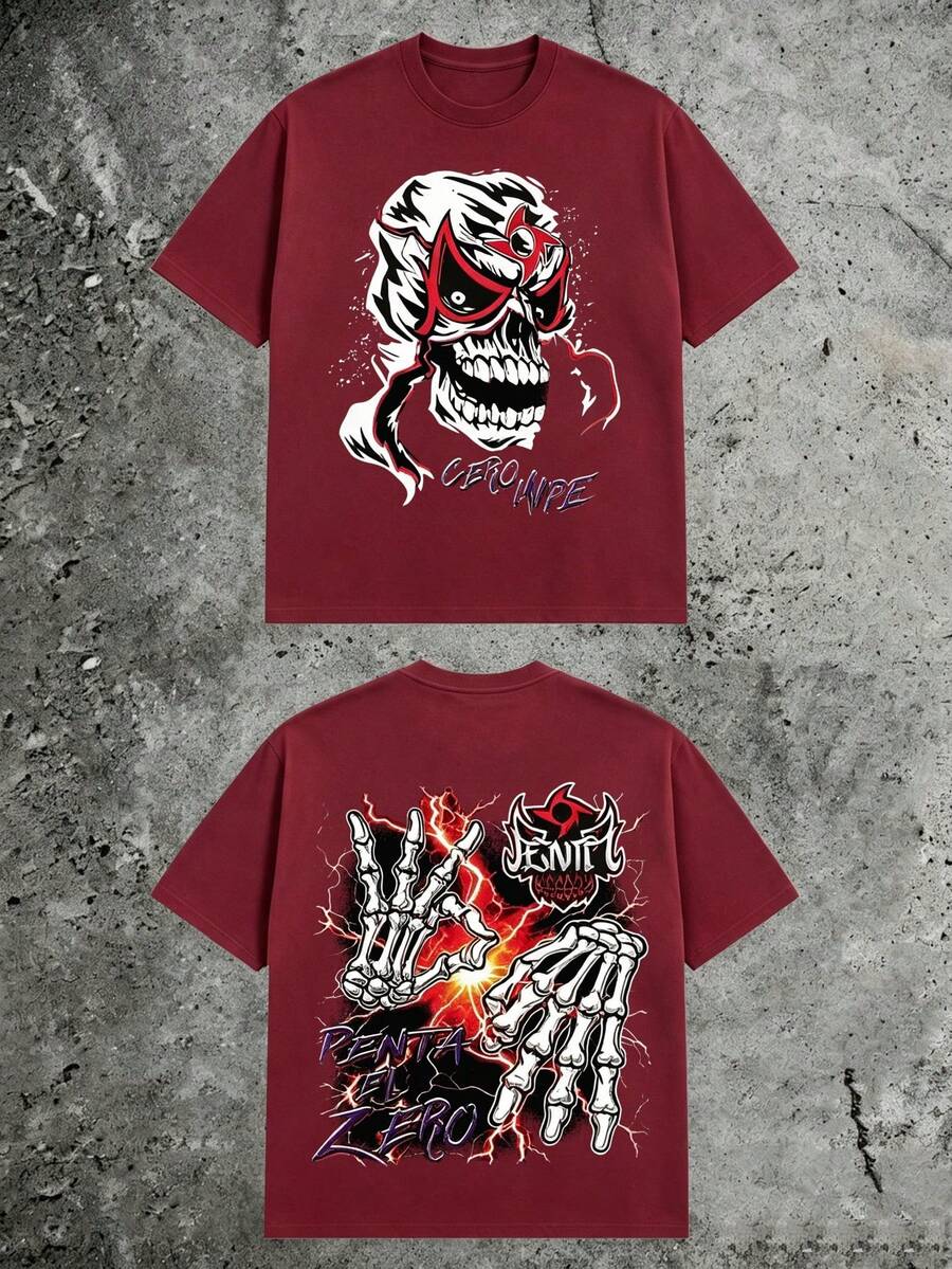Luchador Mask Skull Graphic Tee, Double‑Sided Skeleton Hands Lightning Urban Grunge Art, 180g Pure Cotton Loose‑Fit Short Sleeve Top For Men - 酒紅色2 - 查看 1