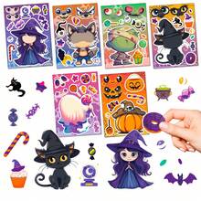 6 Sheets Halloween Puzzle Stickers,DIY Character Craft Face Stickers, Create Your Own Witch, Werewolf, Mummy, Black Cat, Ghost, Pumpkin, Halloween Party Activity Stickers For Craft Projects - Multicolor - View 1