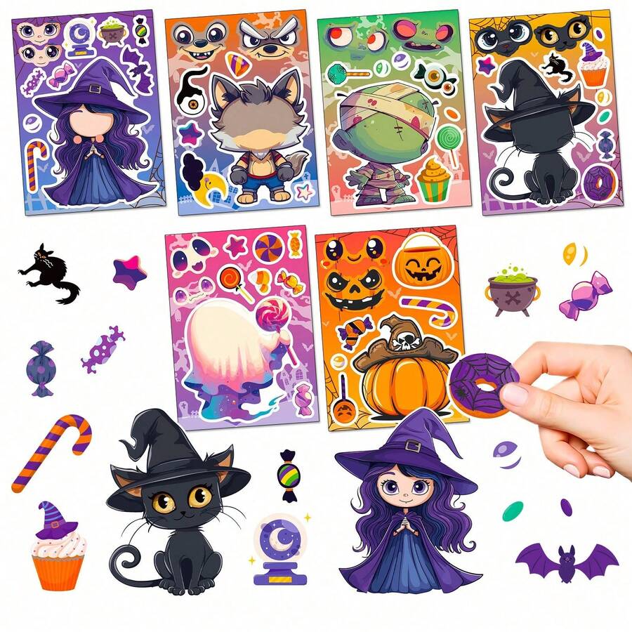 6 Sheets Halloween Puzzle Stickers,DIY Character Craft Face Stickers, Create Your Own Witch, Werewolf, Mummy, Black Cat, Ghost, Pumpkin, Halloween Party Activity Stickers For Craft Projects - Multicolor - View 1