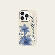 1pc TPU Material Fresh Elegant Blue Floral English Cursive Pattern Phone Case Compatible With IPhone 17 Pro Max/17/16 Pro Max/15/13/12/11/ S20 FE/A15/S24/A55/ Note 11/Note 12/Note 13 Pro Full Coverage Anti-Fall Soft Shell Phone Protective Cover - White - View 6