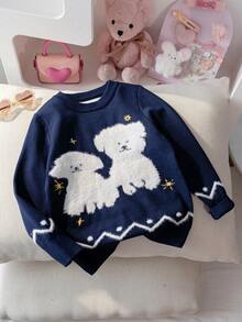 Girls Sweet Cute Puppy Pattern Plush Jacquard Round Neck Long Sleeve Pullover Sweater Knit Top Casual Versatile Suitable For Daily Wear School Spring Autumn Winter - Navy Blue - View 1