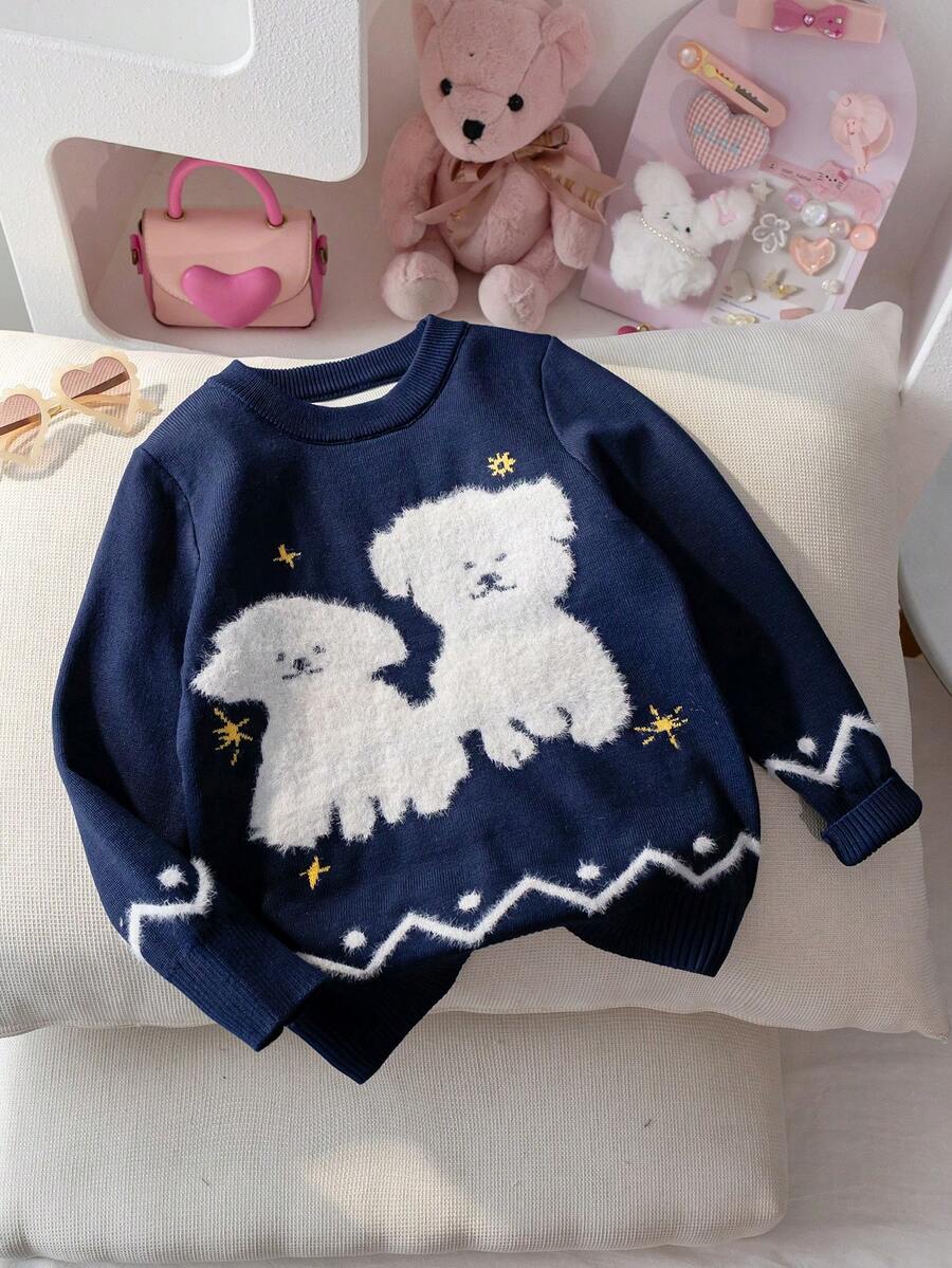 Girls Sweet Cute Puppy Pattern Plush Jacquard Round Neck Long Sleeve Pullover Sweater Knit Top Casual Versatile Suitable For Daily Wear School Spring Autumn Winter - Navy Blue - View 1