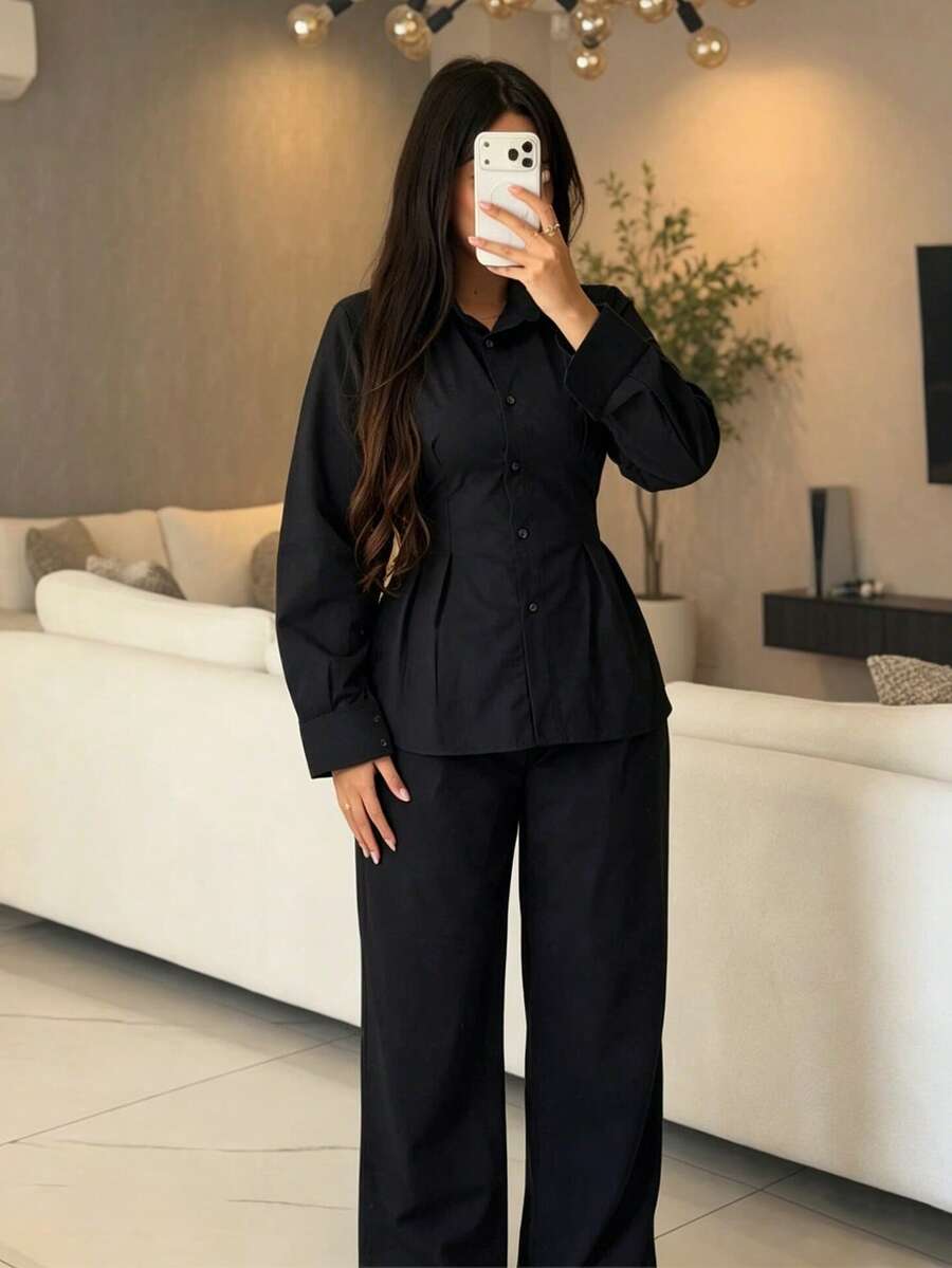 Fall Women's Solid-Color Minimalist Commuter Set: Front-Button Long-Sleeve Fitted Blouse And High-Waisted Straight-Leg Pants, Two Pieces Set - Black - View 1