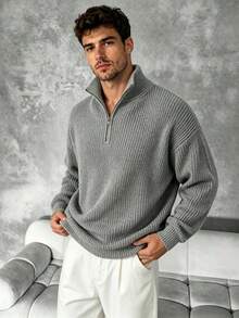 Men's Gray Chunky Ribbed Quarter Zip High Neck Sweater, Loose Drop Shoulder Textured Half Zip Knit Pullover Top - Grey - View 2