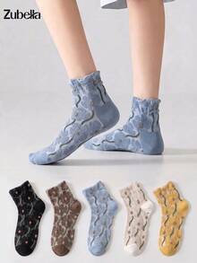 5 Pasang Kaos Kaki Pendek Wanita Motif Hati Berkerut Gaya Retro, Bernapas & Nyaman, Cocok untuk Semua Musim - MultiWarna - View 6
