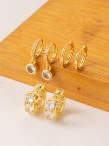 6pcs Personalized Fashion Charming Copper Electroplated 18K Gold Inlaid Cubic Zirconia Round Geometric Drop Earrings Set, Suitable For Women's Daily Wear Jewelry Accessories, Holiday Gift, Birthday Gift For Friends - Yellow Gold - View 4