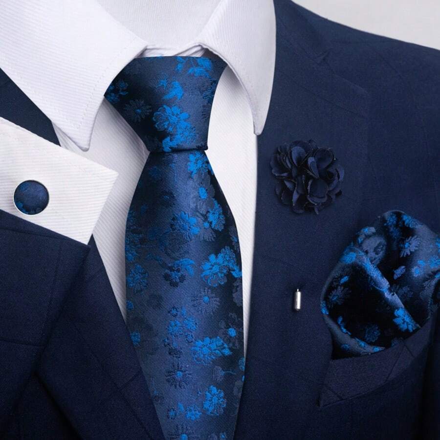 AlanKing Men's Tie, Pocket Square, Cufflinks, Lapel Pin 4-Piece Set, Suitable For Formal Business Meetings And Banquets - Multicolor - View 1