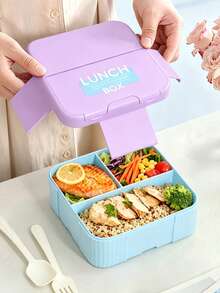 4-Clip Reinforced Sealed Square 3-Compartment Lunch Box With Matching Utensils, 3-Section Divided Food Separation, Secure Snap Closure Leak-Proof, Easy To Clean And Maintain, Practical Meal Prep Container For Main Course And Side Dishes - Multicolor - View 4