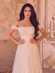 Faeriesty Romantic Open Shoulder Short Sleeve Beaded Formal Dress, Decorated With Contrast Sequins And Flared Hem Fall Wedding - Apricot - View 6