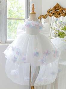 Young Girls Spaghetti Strap 3D Colorful Flower Bow Mesh Luxurious Long Train Flower Girl Dress, Suitable For Runway And Party, Headband Not Included - White - View 1