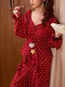 Gongdie 2 Pieces Disney Christmas Women's Matching Pajama Set Couple,Fall Red Floral Print Soft Cotton Loungewear With Ruffled Hem And Marie Star Charm Detail - Red - View 1