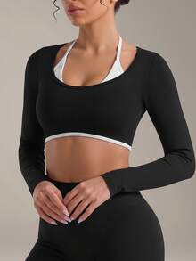 VVX Women 2 In 1 Long Sleeve Gym Crop Top, Contrast Color Halter Neck Slim Fit Yoga Sports Workout Activewear Seamless Shirts - Black - View 4