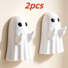 2Pcs Cute Ghost Shape Self Adhesive Hooks No Drill Removable Sticky Wall Hooks Creative Halloween Decor Hook For Bedroom Study Room Stationery & Home Storage Organization - Ghost - View 8