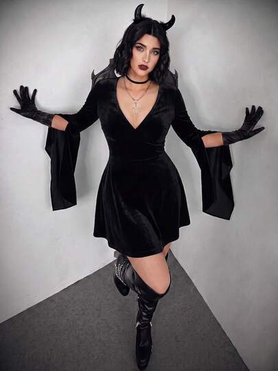 Retro Gothic Casual Fashion V-Neck Lace-Up Fitted Flare-Sleeve Dress – Punk/Concert Style, Dark Aesthetic, Black
