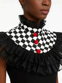 1 buah Kerah Tulle Berumbai Motif Kotak-kotak Hitam & Putih untuk Badut, Dapat Dilepas, dengan Pom-Pom Merah, Aksesori Leher untuk Kostum Pesta Halloween Dewasa - A - View 5