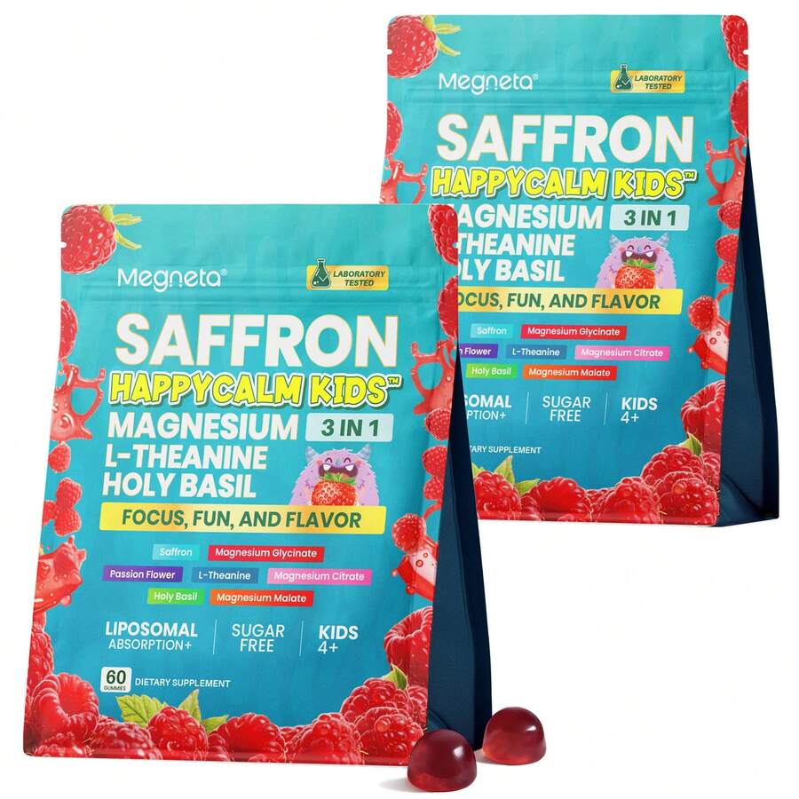 MEGNETA Gomitas de Magnesio y Azafrán para niños, con glicinato, citrato y malato de magnesio, que favorecen el sueño y la salud emocional, relajan los músculos y reducen los despertares nocturnos, sin gluten ni colorantes, 120 unidades