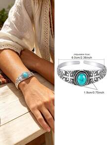 Yanxyad 1/4Pcs Western Boho Turquoise Open Cuff Bangle Set, Antique Silver Carved Cross Adjustable Bracelets For Women - Turquoise - View 13