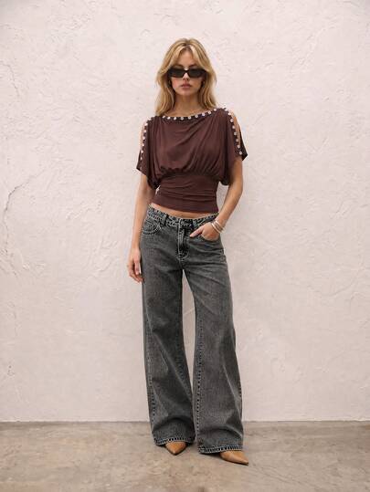 Women's Casual Elegant Washed Straight Leg Jeans With Zipper And Distressed Design, Full Length Non-Stretch Fabric, Suitable For Autumn Fashion
