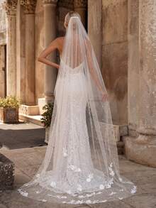 1pc 3D Lace Flower Faux Pearl Long Floor-Length Bridal Veil, White Soft Tulle, Wedding Chapel Bridal Accessory - Milky - View 2