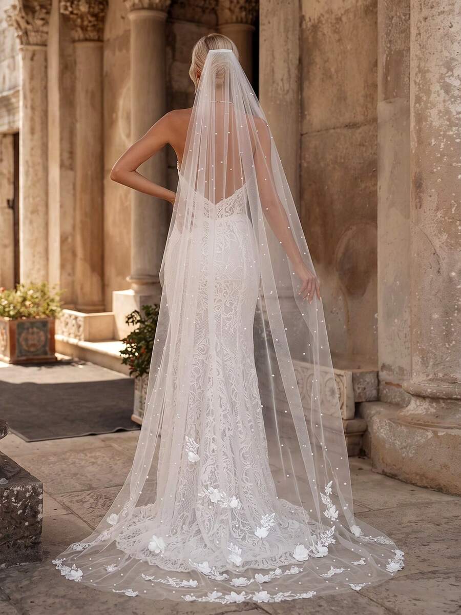 1pc 3D Lace Flower Faux Pearl Long Floor-Length Bridal Veil, White Soft Tulle, Wedding Chapel Bridal Accessory