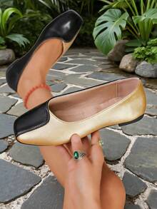 1 Pair Women's Black Gold Two Tone Patchwork Square Toe Slip On Flat Loafers, Spring Autumn Daily Office Walking Footwear - Gold - View 7