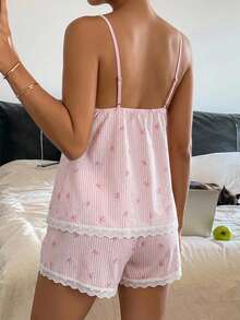 DAZY 2pcs/Set Women's Pink Lace Patchwork Bow Deep V-Neck Cute Sexy Striped Sleeveless Backless Ruffle Lace Hem Slip Dress Short Nightgown Set - Pink - View 5