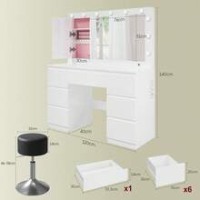 Devoko Dressing Table In Matte White With LED Cosmetic Mirror, Vanity Table Without Stool With 12 LED Lamps, Power Outlets, USB & Type-C, Jewelry Storage And 7 Drawers - 白色高光+深灰色凳子 - 查看 8