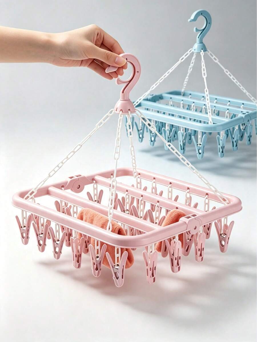 1pc Rotating 32-Clip Plastic Clothes Hanger, Space-Saving Foldable Hanging Rack For Socks, Underwear And Small Clothing, Bedroom Bathroom Closet Dorm Storage, Travel College Essentials, Home Decor, Laundry Room Storage Rack