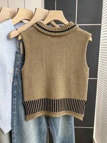 1pc Vintage Style Cable Knit Contrast Color Vest, New Layering Piece, Youthful Lapel Sleeveless Sweater - Camel - View 2