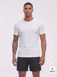 Snug League 5pcs/Set Men's Solid Color Ultra-Light Round Neck T-Shirts - Quick Dry, Breathable, Moisture Wicking Shirts, Suitable For Gym - White - View 1