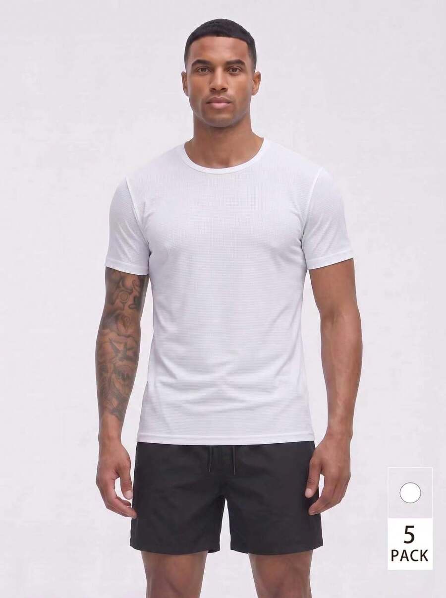 Snug League 5pcs/Set Men's Solid Color Ultra-Light Round Neck T-Shirts - Quick Dry, Breathable, Moisture Wicking Shirts, Suitable For Gym - White - View 1