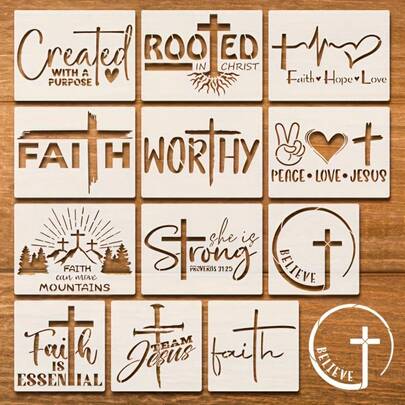 12-Piece Faith & Inspiration DIY Art Stencil Set, Suitable For Walls, Stone And Canvas, Includes Reusable 7.87X5.9 Inch And 5.9X5.9 Inch Canvas Stencils - Made Of Durable Light White Plastic