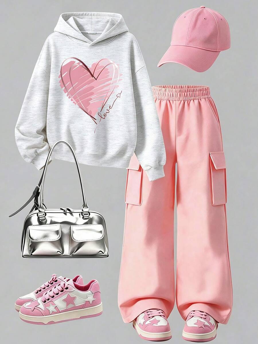 Fashionable Versatile Street Heart Print Loose Hoodie + Sweatpants/Cargo Pants 2-Piece Set, Suitable For Autumn/Winter Wear, Casual Young Girl Style - Light Grey - View 1